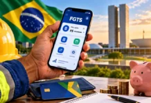 Antecipação do FGTS cai de cinco para três saques em novembro Celular com referência ao FGTS em composição sobre antecipação do saque-aniversário