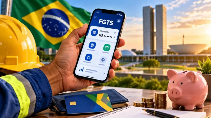 Antecipação do FGTS terá limite de três saques em novembro Celular com referência ao FGTS em composição sobre antecipação do saque-aniversário