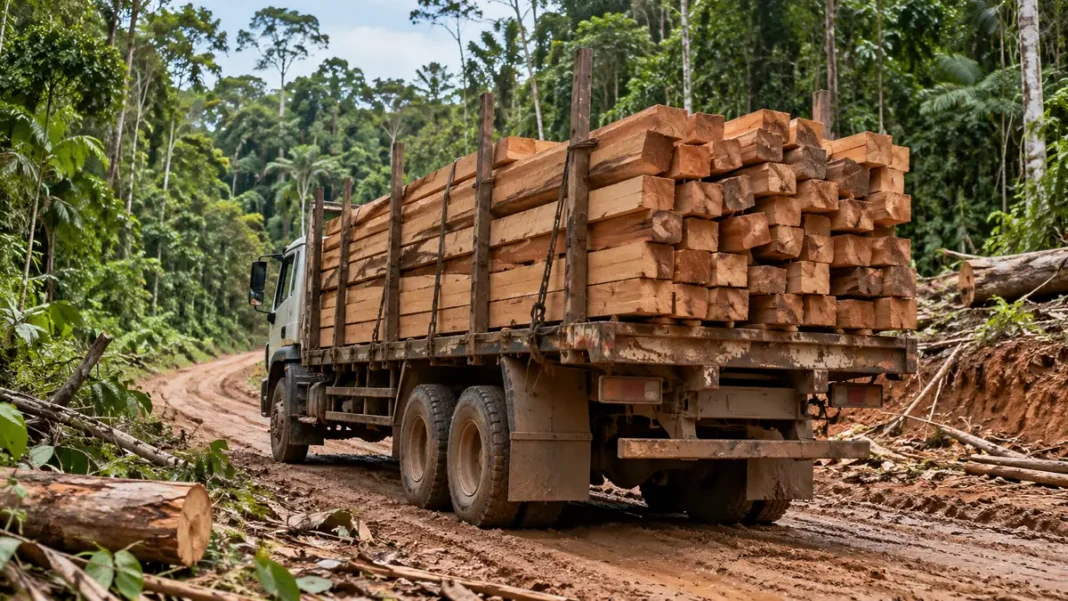Caminhão transportando madeira em estrada da Amazônia Caminhão transporta carga de madeira serrada em estrada amazônica, em imagem ilustrativa sobre a apreensão de madeira em Nova Mamoré.