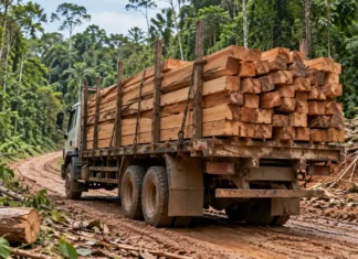 PF apreende caminhão com 108 estacas de madeira em Nova Mamoré Caminhão transporta carga de madeira serrada em estrada amazônica, em imagem ilustrativa sobre a apreensão de madeira em Nova Mamoré.