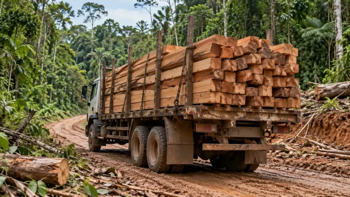 Caminhão transportando madeira em estrada da Amazônia Caminhão transporta carga de madeira serrada em estrada amazônica, em imagem ilustrativa sobre a apreensão de madeira em Nova Mamoré.