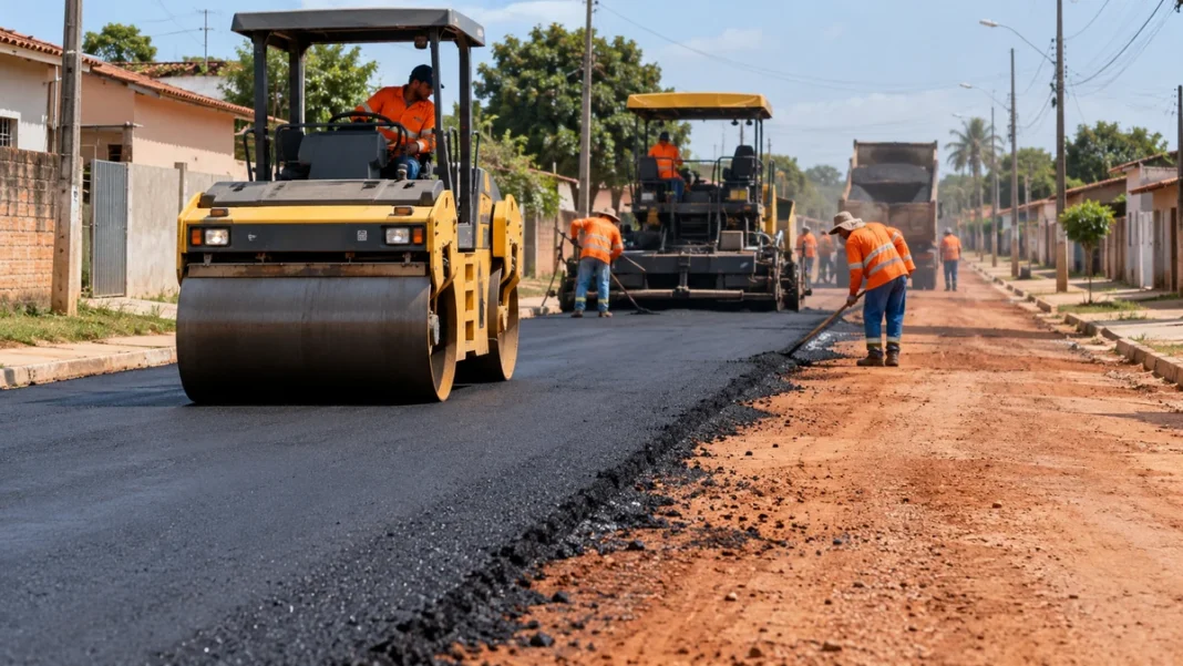 Asfalto em Novo Horizonte do Oeste ilustrado por obra de pavimentação urbana, com rolo compactador e trabalhadores.