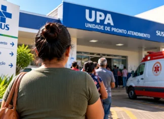 UBS ou UPA? Entenda os 208,8 mil atendimentos leves em Porto Velho Atendimentos de baixa urgência em Porto Velho ilustrados por pessoas chegando a uma UPA e uma ambulância do SAMU 192