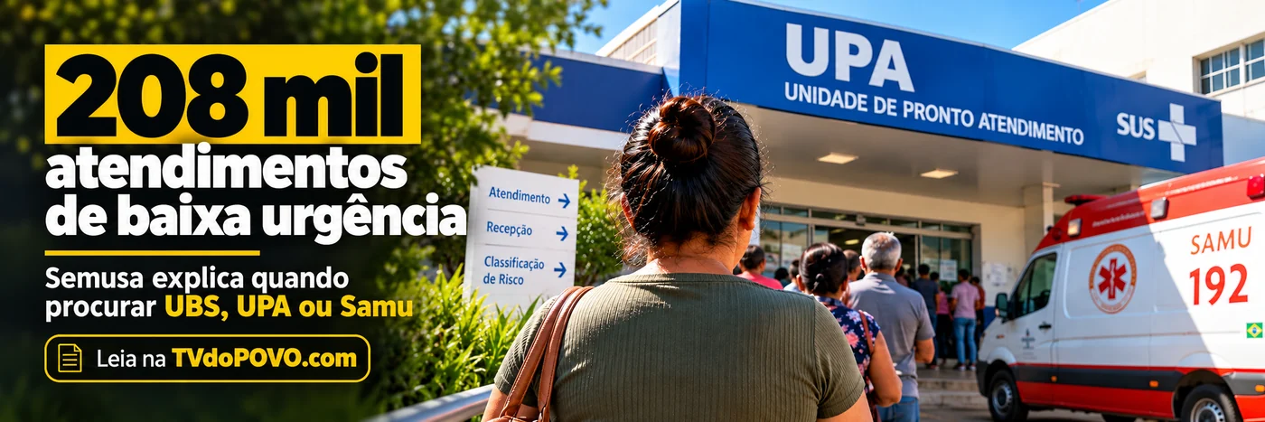 Atendimentos de baixa urgência em Porto Velho: faixa ilustrativa da TVdoPOVO com UPA, usuários e SAMU 192