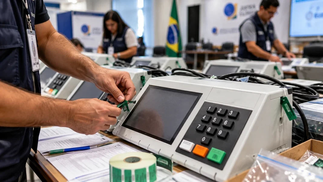 Auditoria das urnas em Rondônia e conferência dos equipamentos Auditoria das urnas em Rondônia ilustrada por equipe que confere urnas eletrônicas em ambiente de fiscalização eleitoral.