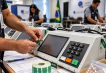 TRE-RO prevê sorteio de urnas neste sábado e testes públicos no domingo Auditoria das urnas em Rondônia ilustrada por equipe que confere urnas eletrônicas em ambiente de fiscalização eleitoral.