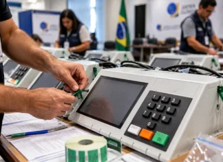 TRE-RO prevê sorteio de urnas neste sábado e testes públicos no domingo Auditoria das urnas em Rondônia ilustrada por equipe que confere urnas eletrônicas em ambiente de fiscalização eleitoral.