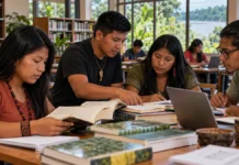 Estudantes indígenas de Rondônia podem concorrer a 325 bolsas de mestrado e doutorado Estudantes indígenas em biblioteca universitária ilustrativa, representando as bolsas para indígenas de mestrado e doutorado oferecidas pelo programa da CAPES.