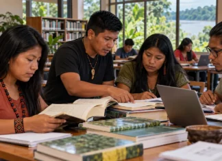 Estudantes indígenas de Rondônia podem concorrer a 325 bolsas de mestrado e doutorado Estudantes indígenas em biblioteca universitária ilustrativa, representando as bolsas para indígenas de mestrado e doutorado oferecidas pelo programa da CAPES.