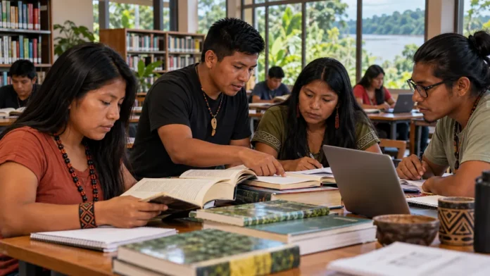 Estudantes indígenas podem concorrer a bolsas de pós-graduação Estudantes indígenas em biblioteca universitária ilustrativa, representando as bolsas para indígenas de mestrado e doutorado oferecidas pelo programa da CAPES.