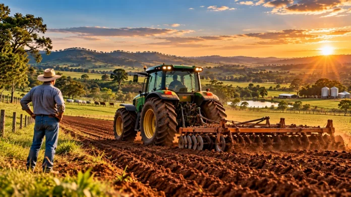 Trator trabalha em área rural ao entardecer em imagem ilustrativa sobre agendamentos rurais em Buritis