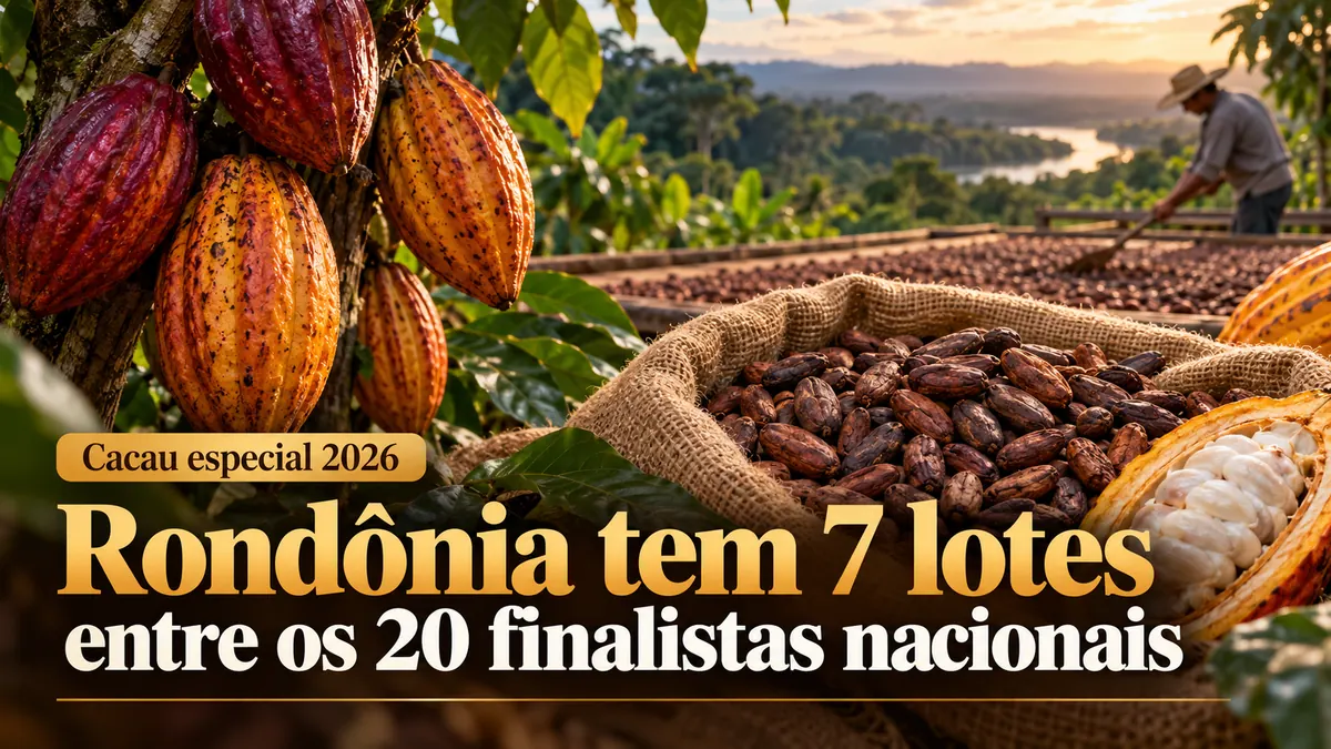 Rondônia tem 7 lotes de cacau especial entre 20 finalistas nacionais Cacau especial em Rondônia: ilustração editorial de frutos e amêndoas, representando sete lotes finalistas nacionais, sem retratar produtores reais.