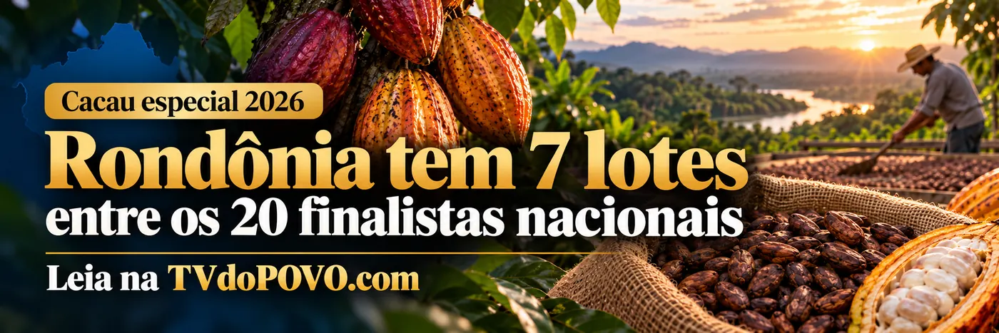 Cacau especial: 7 lotes finalistas — faixa TVdoPOVO Cacau especial em Rondônia: faixa editorial ilustrativa sobre os 7 lotes classificados entre os 20 finalistas nacionais de 2026.