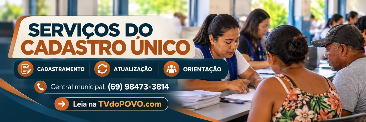 Arte ilustrativa dos serviços de cadastramento, atualização e orientação do Cadastro Único para moradores de Abunã, com contato da central municipal