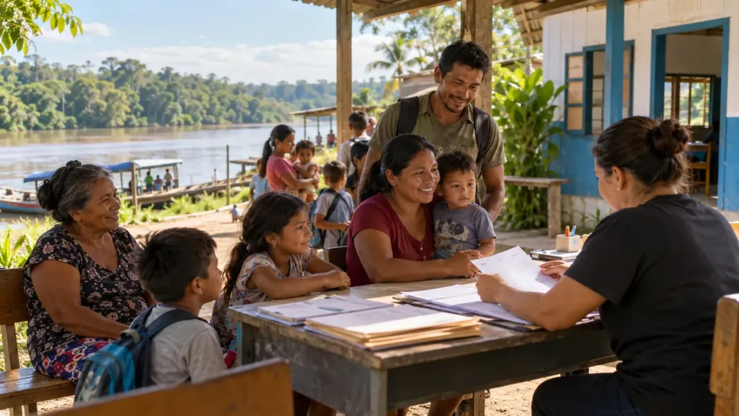 Cena ilustrativa do CadÚnico em Nova Aliança, com famílias ribeirinhas recebendo orientação documental em ambiente comunitário.