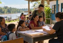 CadÚnico atende oito comunidades em Nova Aliança nos dias 15 e 16; saiba o que levar Cena ilustrativa do CadÚnico em Nova Aliança, com famílias ribeirinhas recebendo orientação documental em ambiente comunitário.