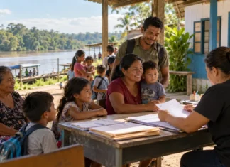 CadÚnico atende oito comunidades em Nova Aliança nos dias 15 e 16; saiba o que levar Cena ilustrativa do CadÚnico em Nova Aliança, com famílias ribeirinhas recebendo orientação documental em ambiente comunitário.