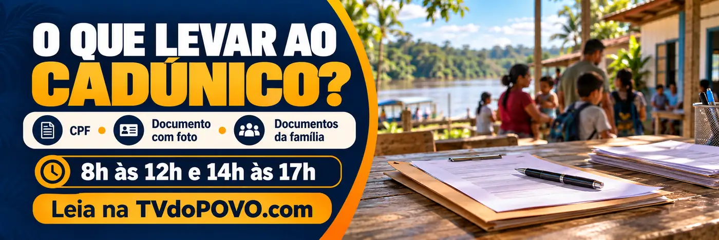 Faixa informativa sobre documentos para o CadÚnico em Nova Aliança: CPF, documento com foto e documentos da família; atendimento das 8h às 12h e das 14h às 17h