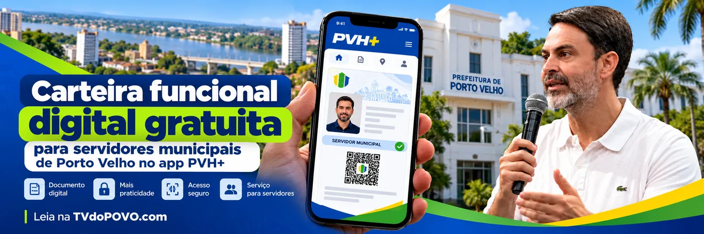 Faixa sobre a carteira funcional digital gratuita de Porto Velho no aplicativo PVH+, com documento e QR Code ilustrativos
