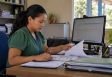 Censo Escolar 2026: escolas de Rondônia têm até dia 23 para corrigir dados Profissional da educação confere registros escolares no computador em cena ilustrativa sobre o Censo Escolar 2026 e a retificação dos dados em Rondônia.