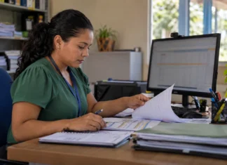 Censo Escolar 2026: escolas de Rondônia têm até dia 23 para corrigir dados Profissional da educação confere registros escolares no computador em cena ilustrativa sobre o Censo Escolar 2026 e a retificação dos dados em Rondônia.
