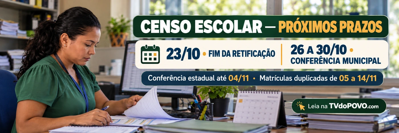 Faixa informativa do Censo Escolar 2026 com fim da retificação em 23 de outubro, conferência municipal de 26 a 30 de outubro e etapas de novembro