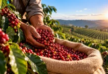 Chamamento de R$ 3,8 milhões busca OSC para eventos do café em Rondônia Eventos do café em Rondônia em composição editorial com colheita de café para ilustrar chamamento do ConCafé e ações do setor