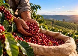 Chamamento de R$ 3,8 milhões busca OSC para eventos do café em Rondônia Eventos do café em Rondônia em composição editorial com colheita de café para ilustrar chamamento do ConCafé e ações do setor