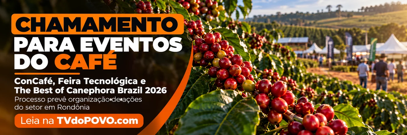 Faixa editorial da TVdoPOVO sobre eventos do café em Rondônia e chamamento para ConCafé, Feira Tecnológica e The Best of Canephora Brazil 2026