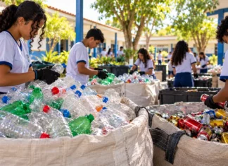 Consciência Limpa premia nove estudantes de escolas municipais em Porto Velho Consciência Limpa em composição editorial com estudantes separando garrafas PET e latinhas em escola de Porto Velho
