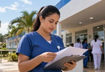 Cerejeiras convoca técnico em enfermagem em seletivo Técnica de enfermagem confere documentos em unidade de saúde em Cerejeiras