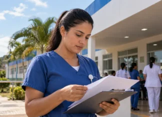 Cerejeiras convoca técnico em enfermagem em seletivo Técnica de enfermagem confere documentos em unidade de saúde em Cerejeiras