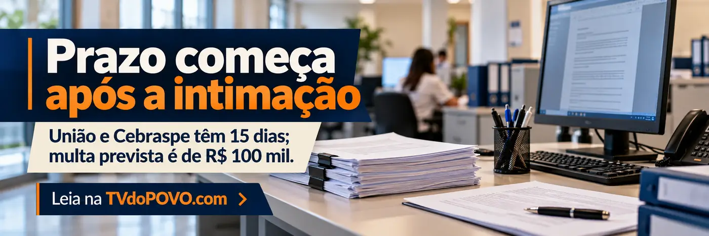 Arte editorial com documentos e computador indica prazo de 15 dias após a intimação para corrigir a classificação do concurso federal, sob pena de multa de R$ 100 mil.