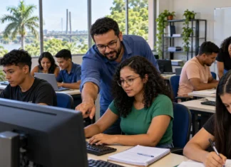 Idep abre inscrições para cursos presenciais e remotos em Rondônia; veja opções Alunos em laboratório de informática ilustram cursos do Idep presenciais e remotos em Rondônia.