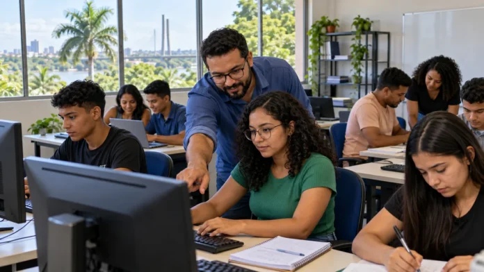 Cursos do Idep em Rondônia — formação profissional Alunos em laboratório de informática ilustram cursos do Idep presenciais e remotos em Rondônia.