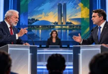 Debate entre Lula e Flávio Bolsonaro reúne propostas e declarações checadas debate Lula e Flávio Bolsonaro em ilustração editorial criada por inteligência artificial, com dois participantes diante de microfones em cenário fictício de televisão