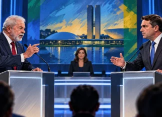 Debate entre Lula e Flávio Bolsonaro reúne propostas e declarações checadas debate Lula e Flávio Bolsonaro em ilustração editorial criada por inteligência artificial, com dois participantes diante de microfones em cenário fictício de televisão