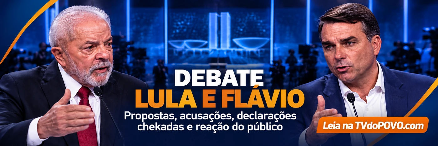 Faixa ilustrativa do debate Lula e Flávio Bolsonaro com propostas, declarações e reação do público