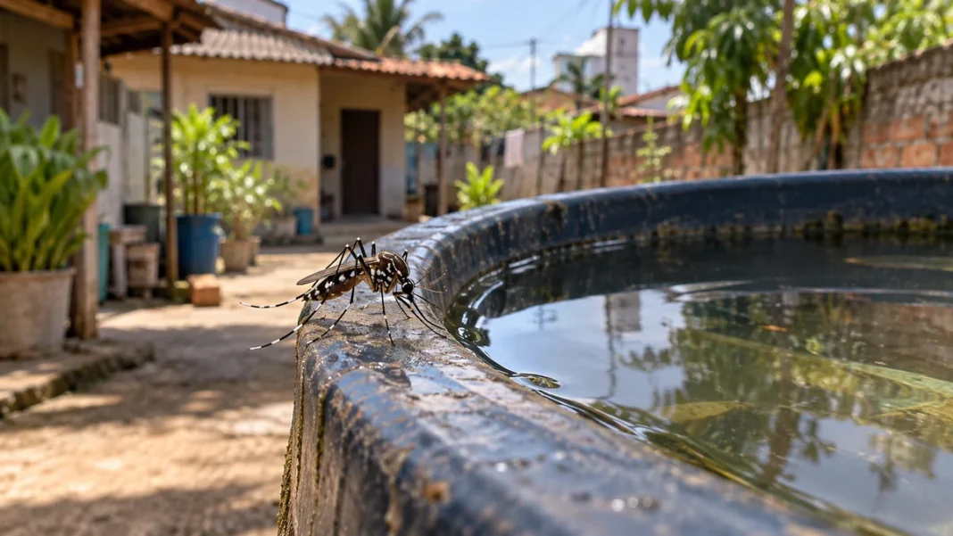 Dengue em Porto Velho representada por imagem ilustrativa de mosquito Aedes aegypti próximo a recipiente com água em ambiente residencial.