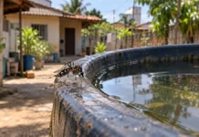 Dengue em Porto Velho soma 57 casos até outubro; LIRAa aponta risco médio Dengue em Porto Velho representada por imagem ilustrativa de mosquito Aedes aegypti próximo a recipiente com água em ambiente residencial.