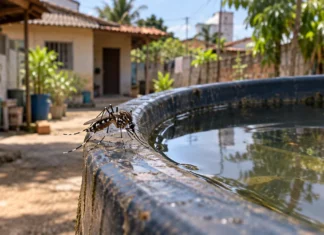Dengue em Porto Velho soma 57 casos até outubro; LIRAa aponta risco médio Dengue em Porto Velho representada por imagem ilustrativa de mosquito Aedes aegypti próximo a recipiente com água em ambiente residencial.