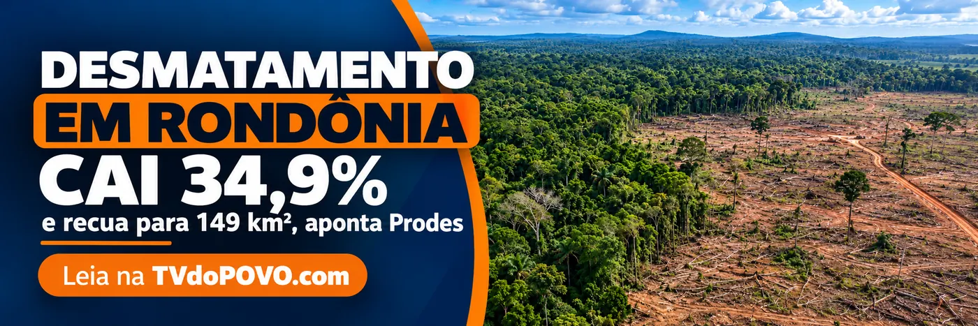 Faixa editorial da TVdoPOVO sobre desmatamento em Rondônia e recuo para 149 km² segundo o Prodes