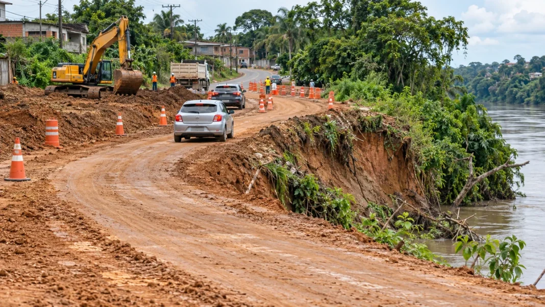 Desvio na Estrada do Belmont em Porto Velho, em ilustração do trecho com risco de desbarrancamento.