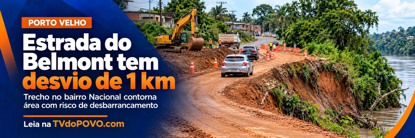 Faixa editorial ilustrativa sobre o desvio da Estrada do Belmont para contornar área de risco
