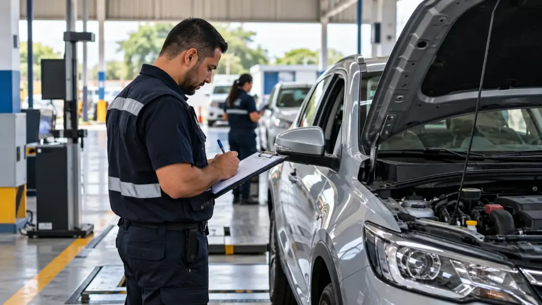 Profissional realiza vistoria veicular em automóvel durante inspeção técnica em Rondônia
