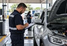 Detran-RO abre credenciamento de empresas para vistoria veicular Profissional realiza vistoria veicular em automóvel durante inspeção técnica em Rondônia