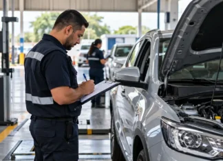 Detran-RO abre credenciamento de empresas para vistoria veicular Profissional realiza vistoria veicular em automóvel durante inspeção técnica em Rondônia