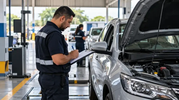 Detran-RO abre credenciamento para vistoria veicular Profissional realiza vistoria veicular em automóvel durante inspeção técnica em Rondônia