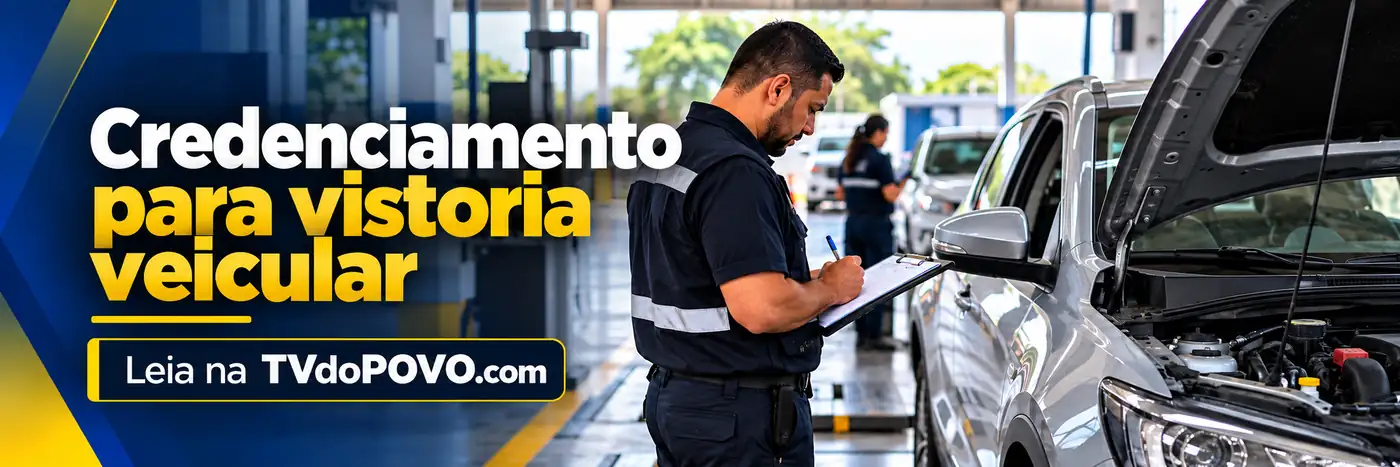 Faixa editorial sobre credenciamento para vistoria veicular com profissional realizando inspeção em automóvel