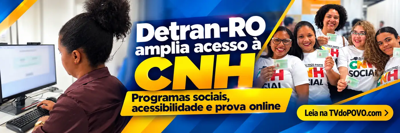 Detran-RO: prova online e inclusão — faixa editorial Faixa editorial do Detran-RO com pessoa utilizando computador e participantes da CNH Social, destacando acessibilidade e prova online.